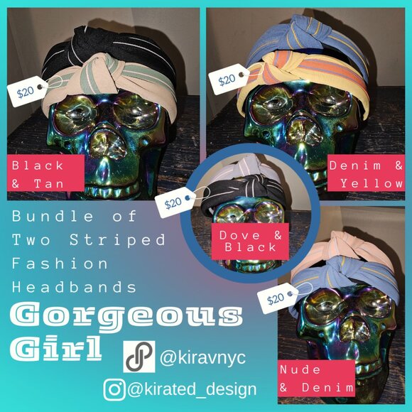 Gorgeous Girl Striped Top Knot Headband bundle Two headbands Yellow & Tan - Picture 3 of 3